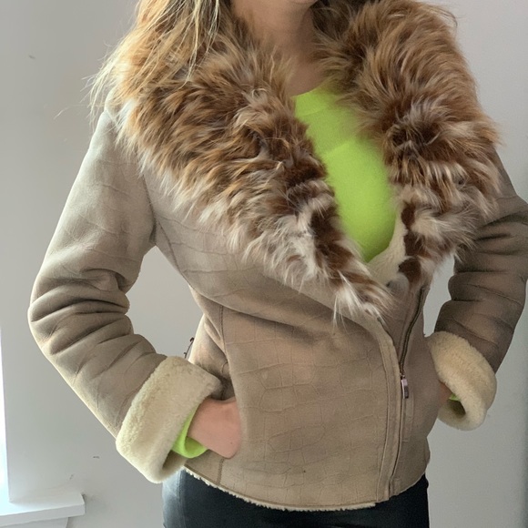 Italian 100% leather fur jacket fox fur beige - Picture 7 of 8